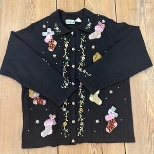 BP Design Vintage Christmas Cardigan Collared Beaded Stocking Black XL Cotton